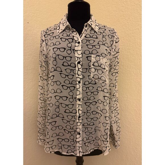 I Love HB1 Eyeglasses Print Sheer Long Sleeve Button Up - Sz L - Picture 3 of 10